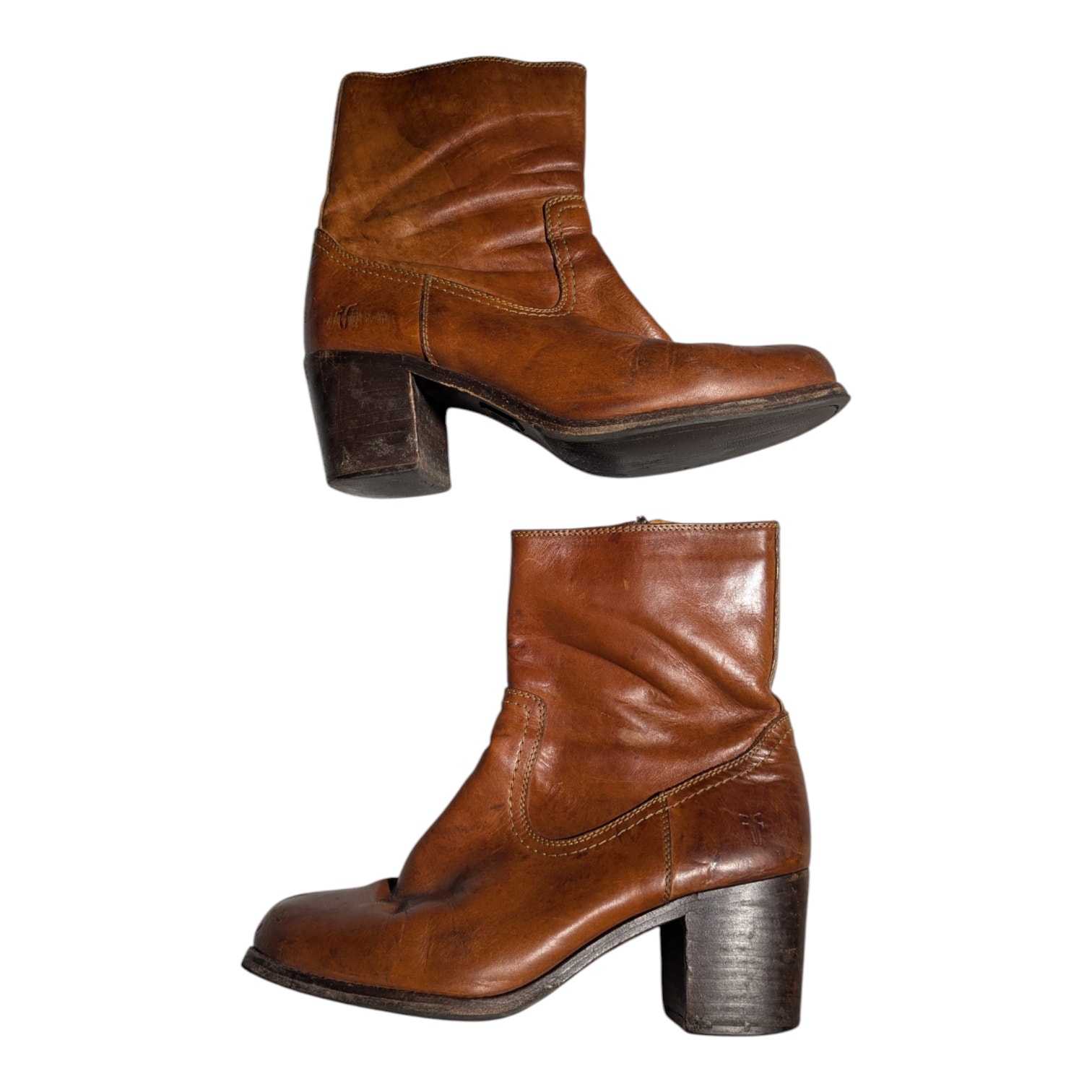 Frye Kendall Zip Short Cognac Brown Leather Block Heel Ankle Boots Sz 8.5